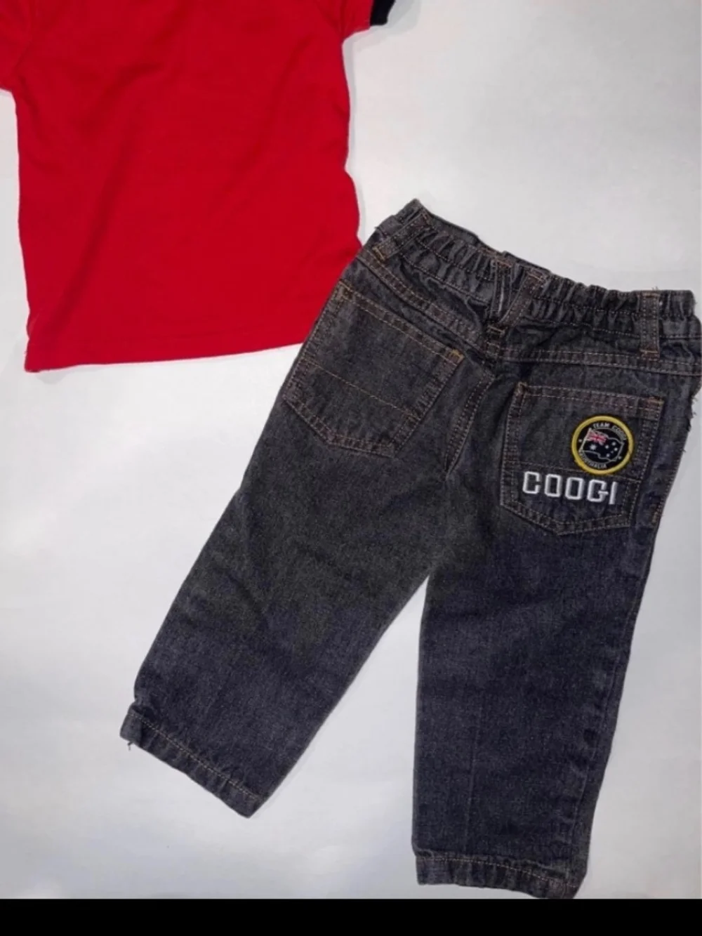COOGI Red Tee with Black Trim & Dark Denim Pants
